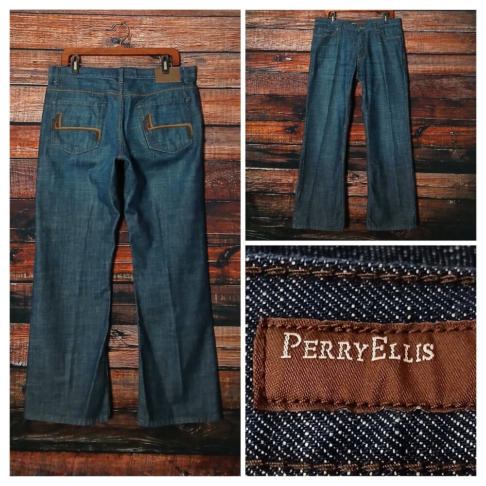 Perry Ellis Jeans Mens 34X30 Relaxed Straight Button Fly Dark Wash 100% Cotton
